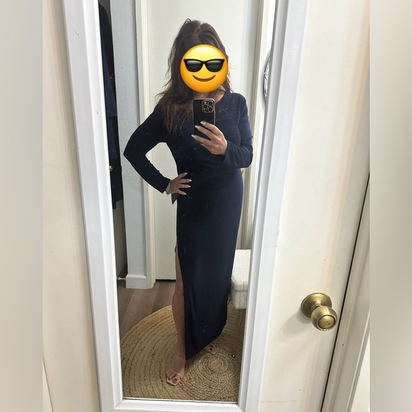 Norma Kamali Dress- Long Sleeve Drop Shoulder Side Slit Gown - True Navy-Large - Picture 11 of 14